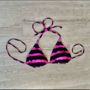 Pink and black lace stripe bikini top